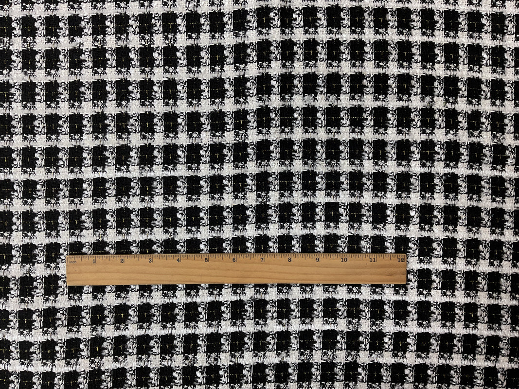 Black-White-Gold Poly Check Tweed Boucle Novelty Woven Fabric