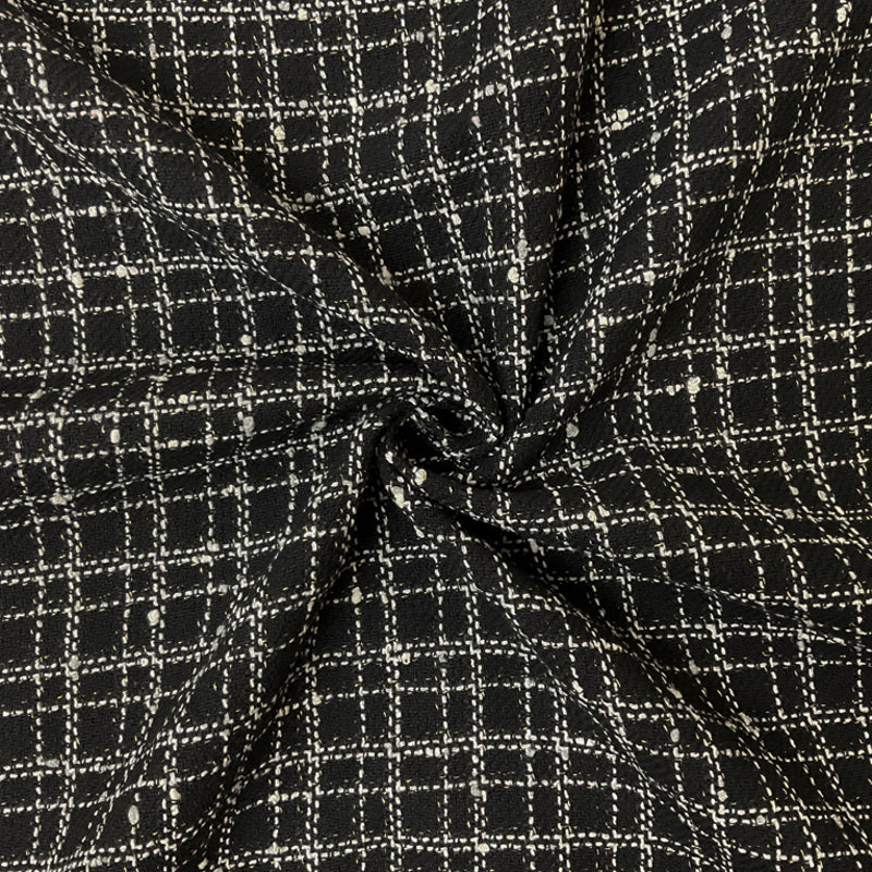 Black-White-Gold Poly Cotton Check Twill Woven Fabric