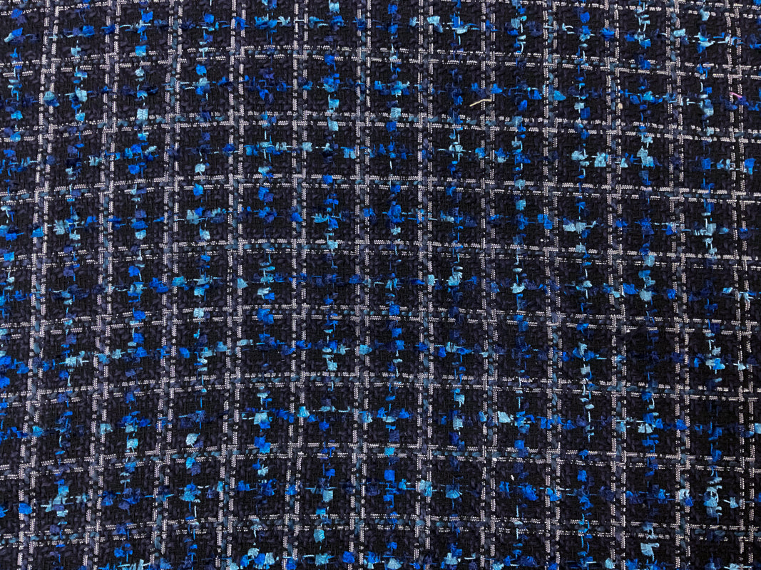 Black-Blue-Multi Poly Check Tweed Boucle Novelty Woven Fabric