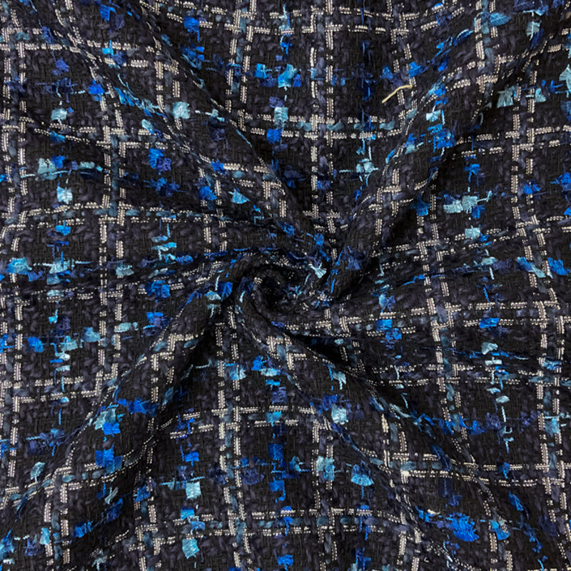 Black-Blue-Multi Poly Check Tweed Boucle Novelty Woven Fabric