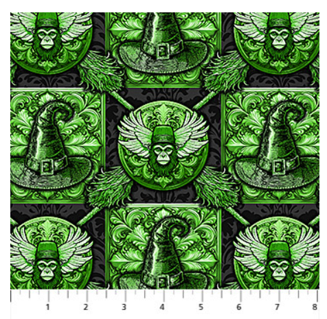 Northcott Patrick Lose Good Together Winged Monkeys and Witch Hat Green quilting fabric