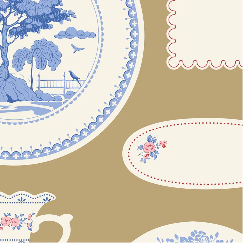 Something Blue Labels and Ornaments Ochre quilting fabric by Tilda