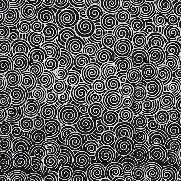 Island Batik Chicken Coop small swirl batik quilting fabric in black and white