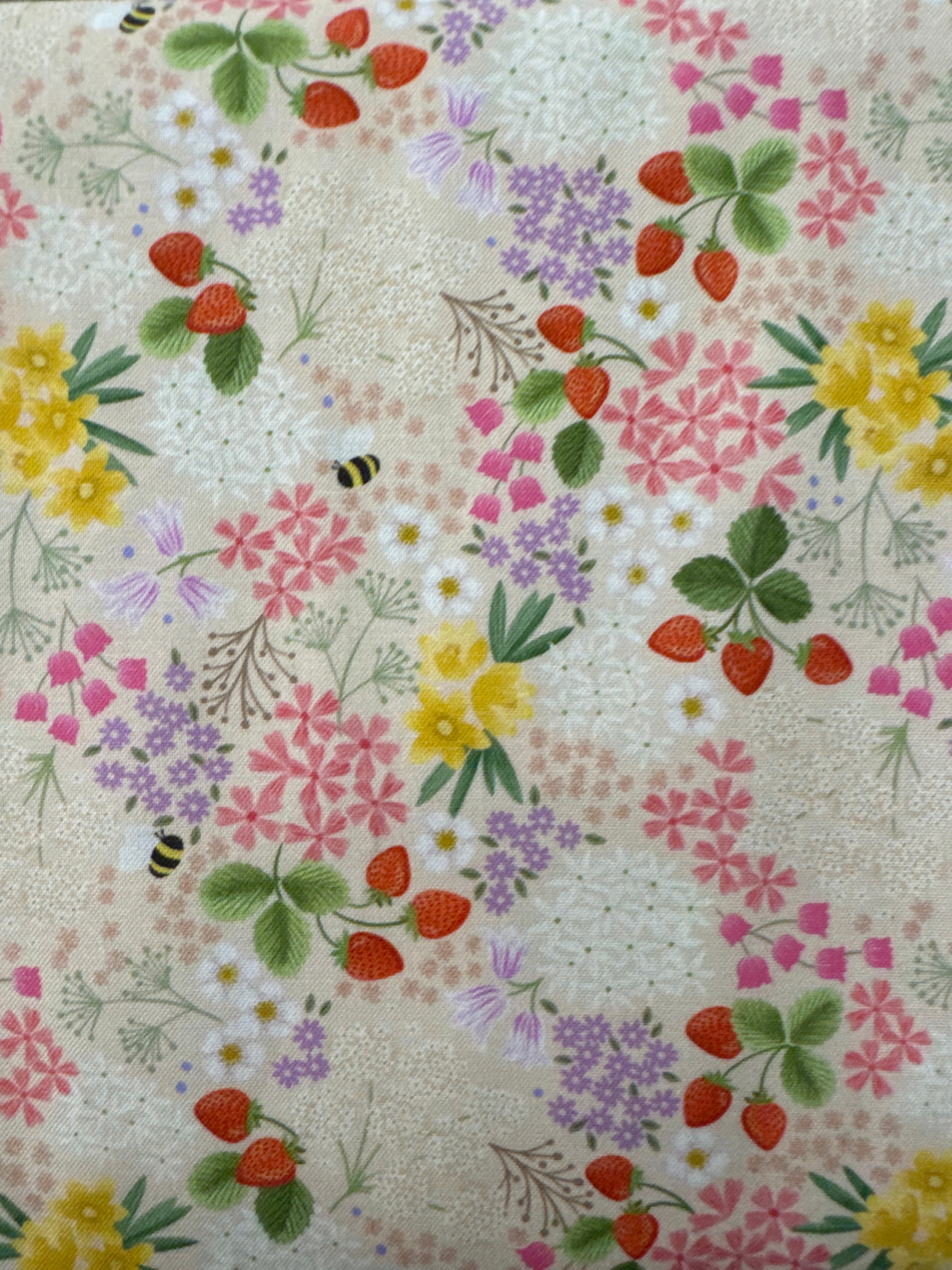 Teddy Bears Picnic Pink strawberries novelty quilting fabric by Lewis & Irene