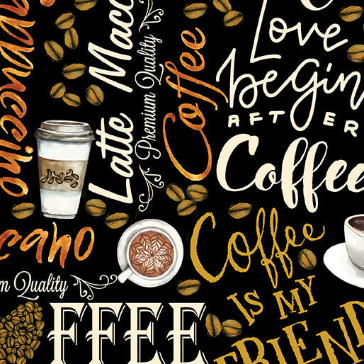 Benartex Fresh Brewed coffee words quilting cotton fabric in Black