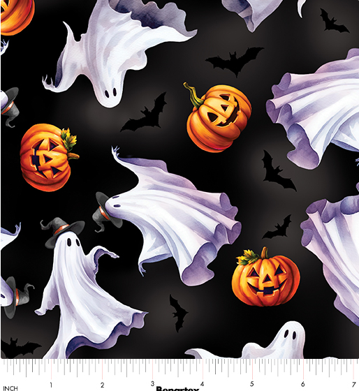 Ghostly Soiree Ghostly Parade Black Halloween quilting fabric by Benartex
