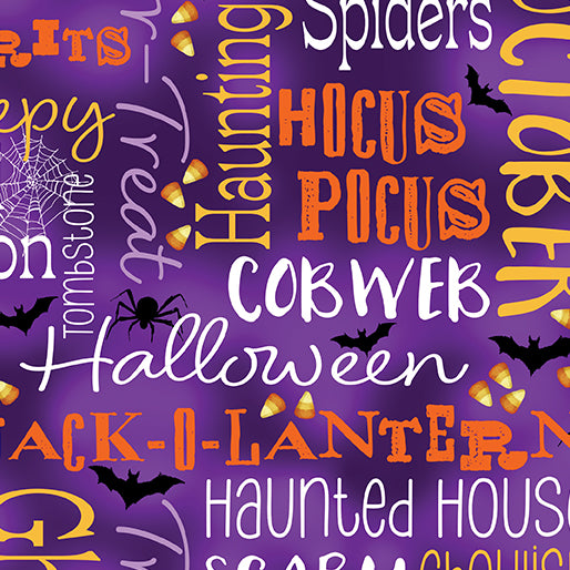 Ghostly Words Purple Cotton 44"/45" Fabric Per Yard