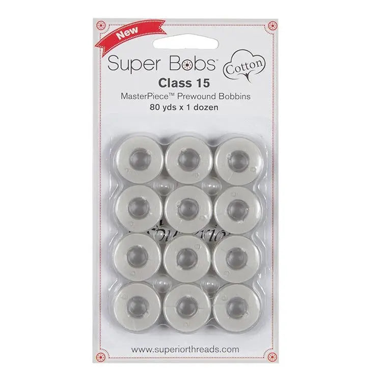 151 Canvas Super Bobs Cotton 12 Pack Prewound Bobbins - Class 15 - Linda's Electric Quilters