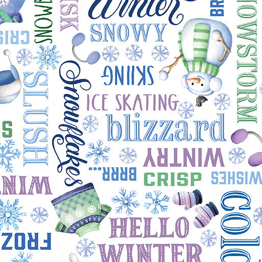 Snowflake Wishes Wintery Words White quilting fabric by Benartex