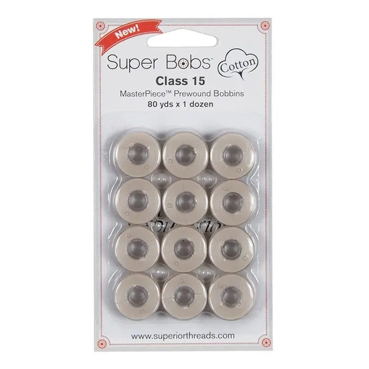 152 Bisque Super Bobs Cotton 12 Pack Prewound Bobbins - Class 15 - Linda's Electric Quilters