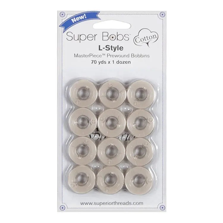 152 Bisque Super Bobs Cotton 12 Pack Prewound Bobbins - L Style - Linda's Electric Quilters