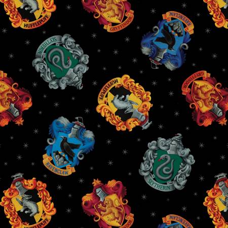 Benartex Harry Potter Hogwarts Crests Black quilting fabric