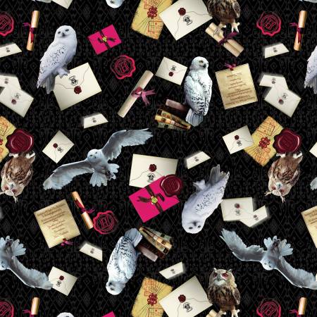 Benartex Harry Potter Owl Postal Service Black quilting fabric