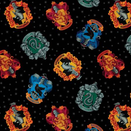 Benartex Harry Potter House Crests Black 108 inch wideback — extra-wide quilt backing