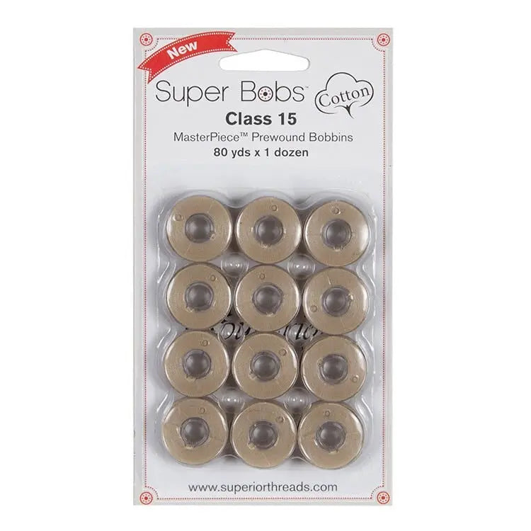 153 Parchment Super Bobs Cotton 12 Pack Prewound Bobbins - Class 15 - Linda's Electric Quilters