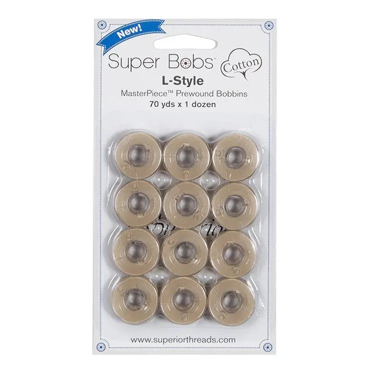 153 Parchment Super Bobs Cotton 12 Pack Prewound Bobbins - L Style - Linda's Electric Quilters