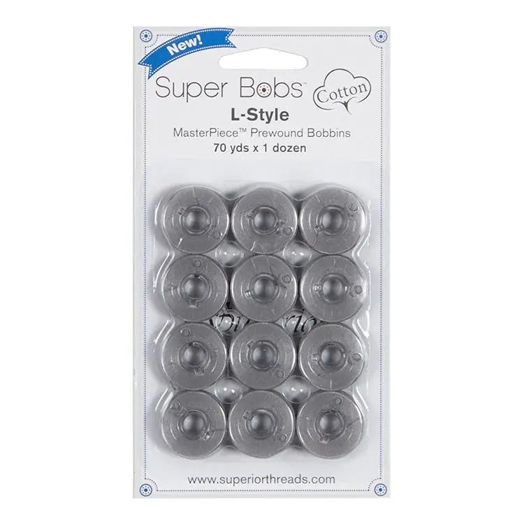 155 Graystone Super Bobs Cotton 12 Pack Prewound Bobbins - L Style - Linda's Electric Quilters