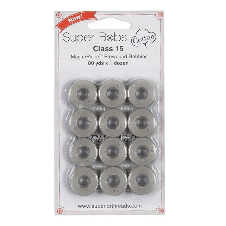 156 Granite Super Bobs Cotton 12 Pack Prewound Bobbins - Class 15 - Linda's Electric Quilters