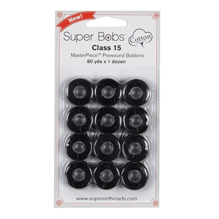 161 Raven Super Bobs Cotton 12 Pack Prewound Bobbins - Class 15 - Linda's Electric Quilters