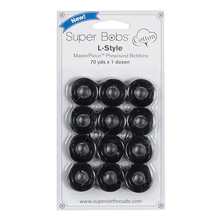 161 Raven Super Bobs Cotton 12 Pack Prewound Bobbins - L Style - Linda's Electric Quilters