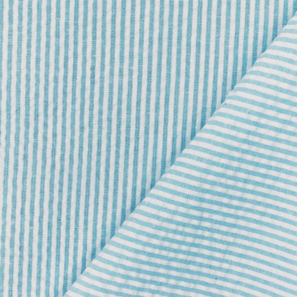 Blue-White Stripe Cotton Poly Seersucker Woven Fabric