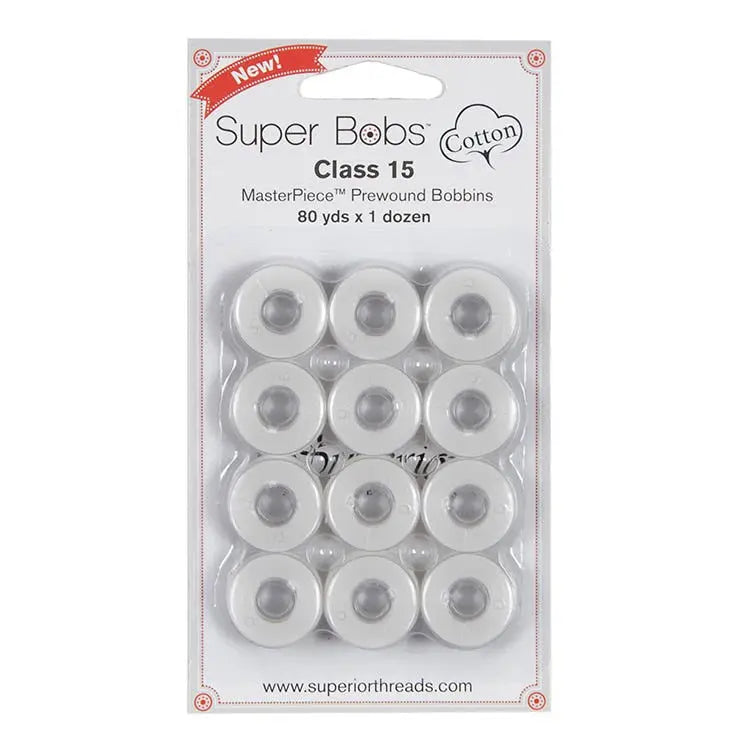 186 Blanc Super Bobs Cotton 12 Pack Prewound Bobbins - Class 15 - Linda's Electric Quilters