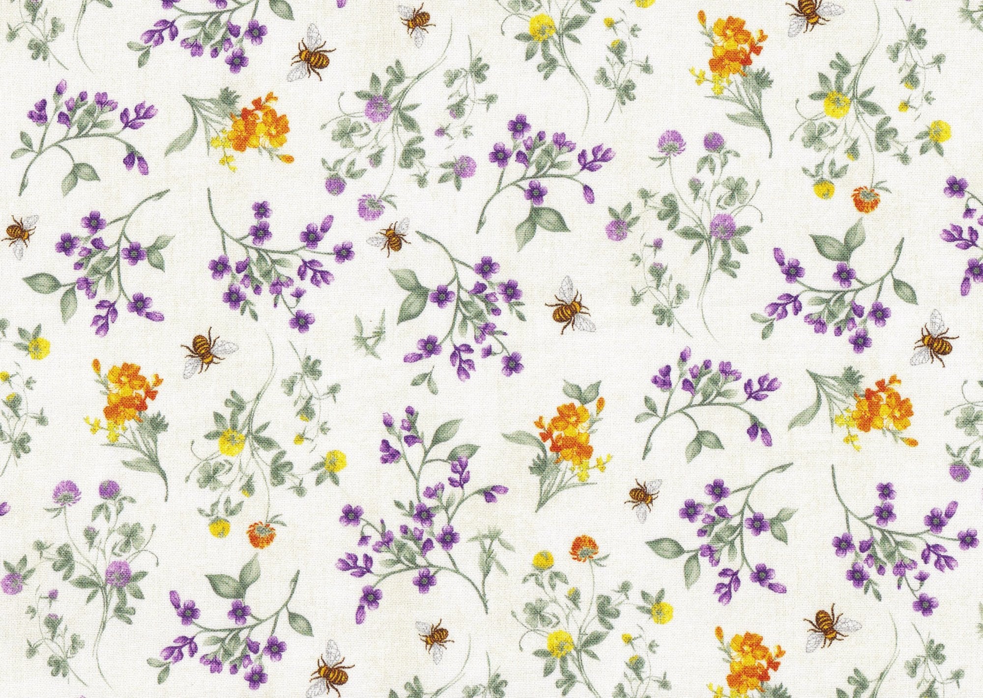 Cream Spring Wild Flowers Cotton 43"/44" Fabric Per Yard