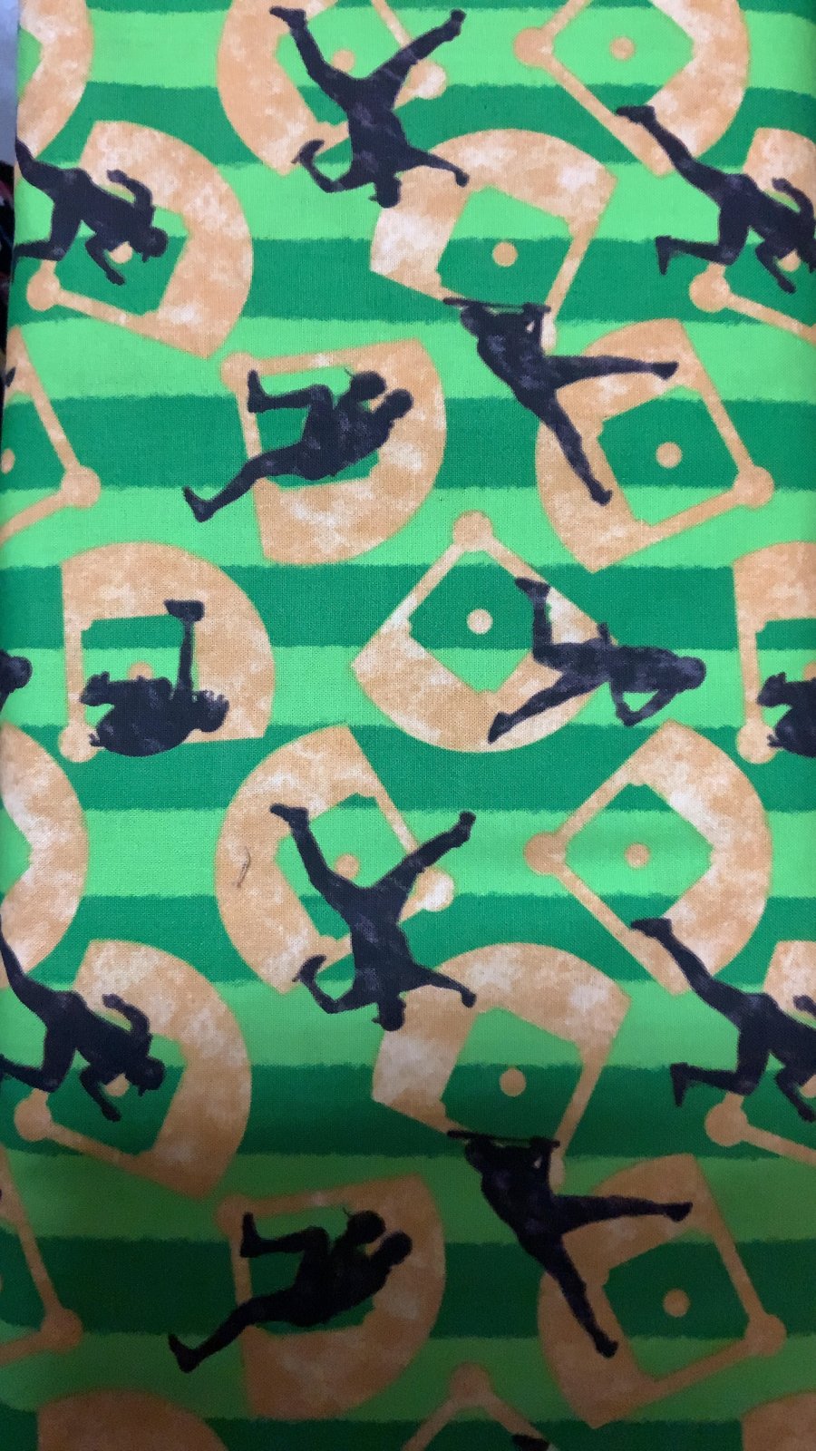 Blank Fabrics Hit Run Score baseball quilting fabric — infield and player silhouettes