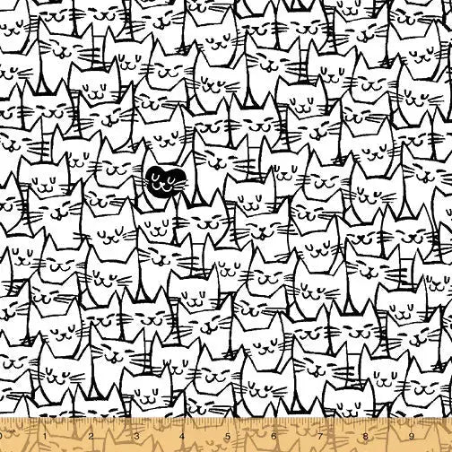 White Stacked Cats Wideback Cotton Fabric