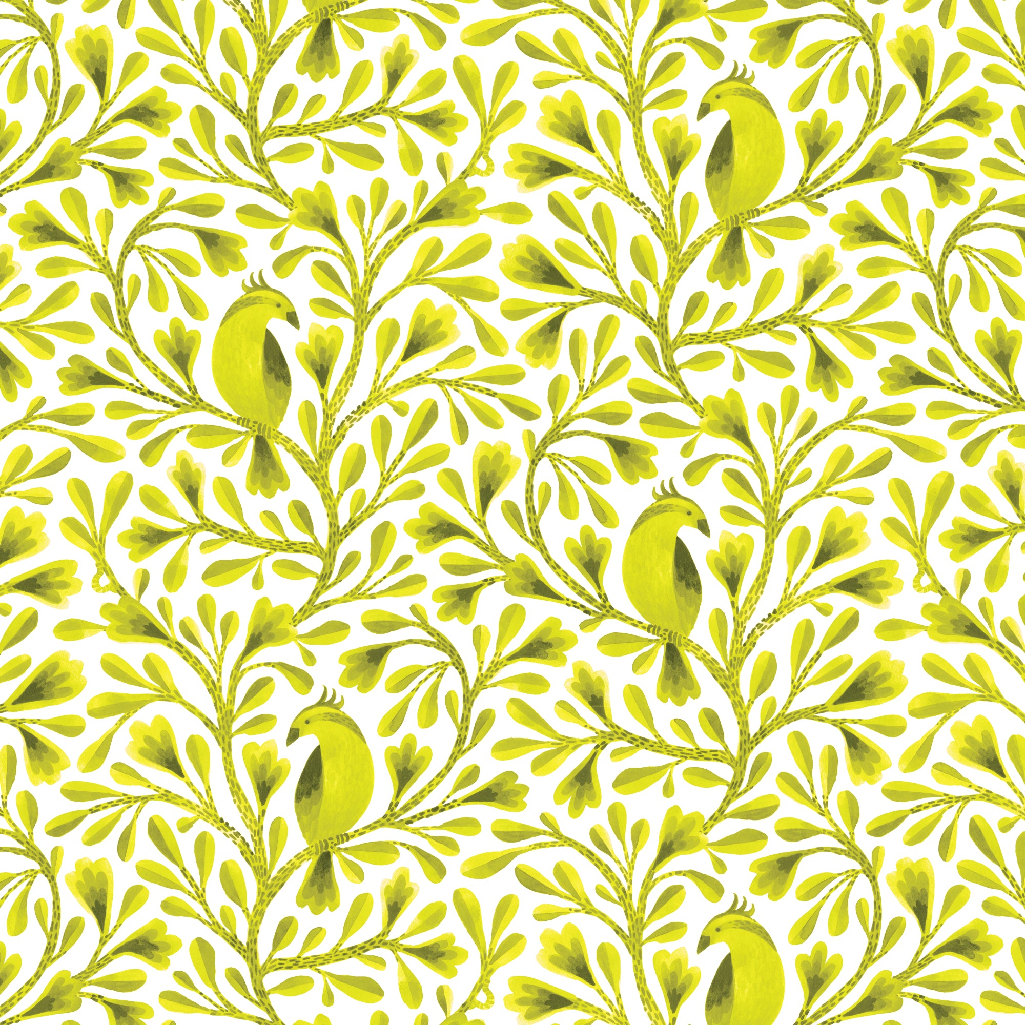 Dark Lime Citrine Birds and Branches Cotton 44/45 Fabric Per Yard