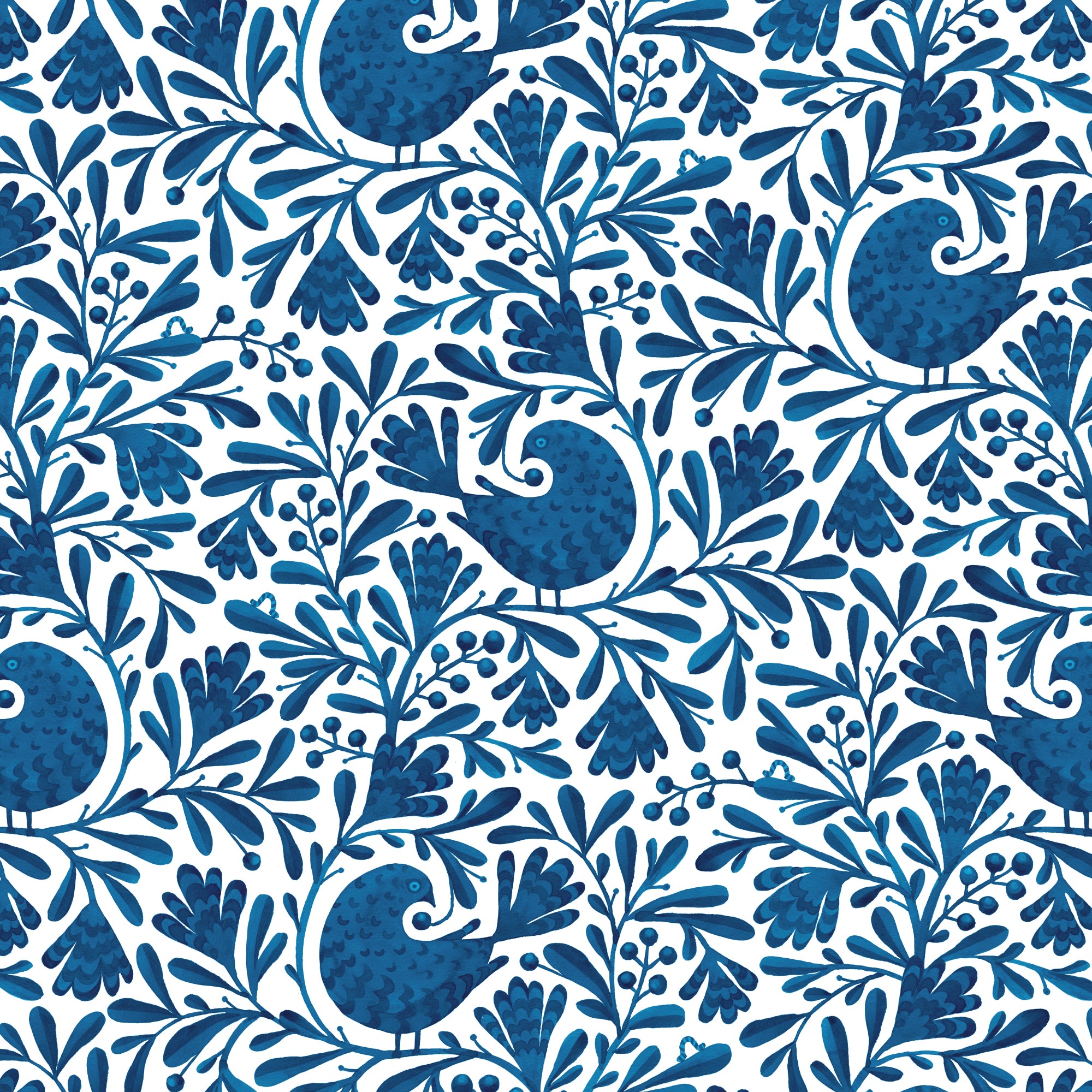Navy Isla Birds and Branches Cotton 44/45 Fabric Per Yard