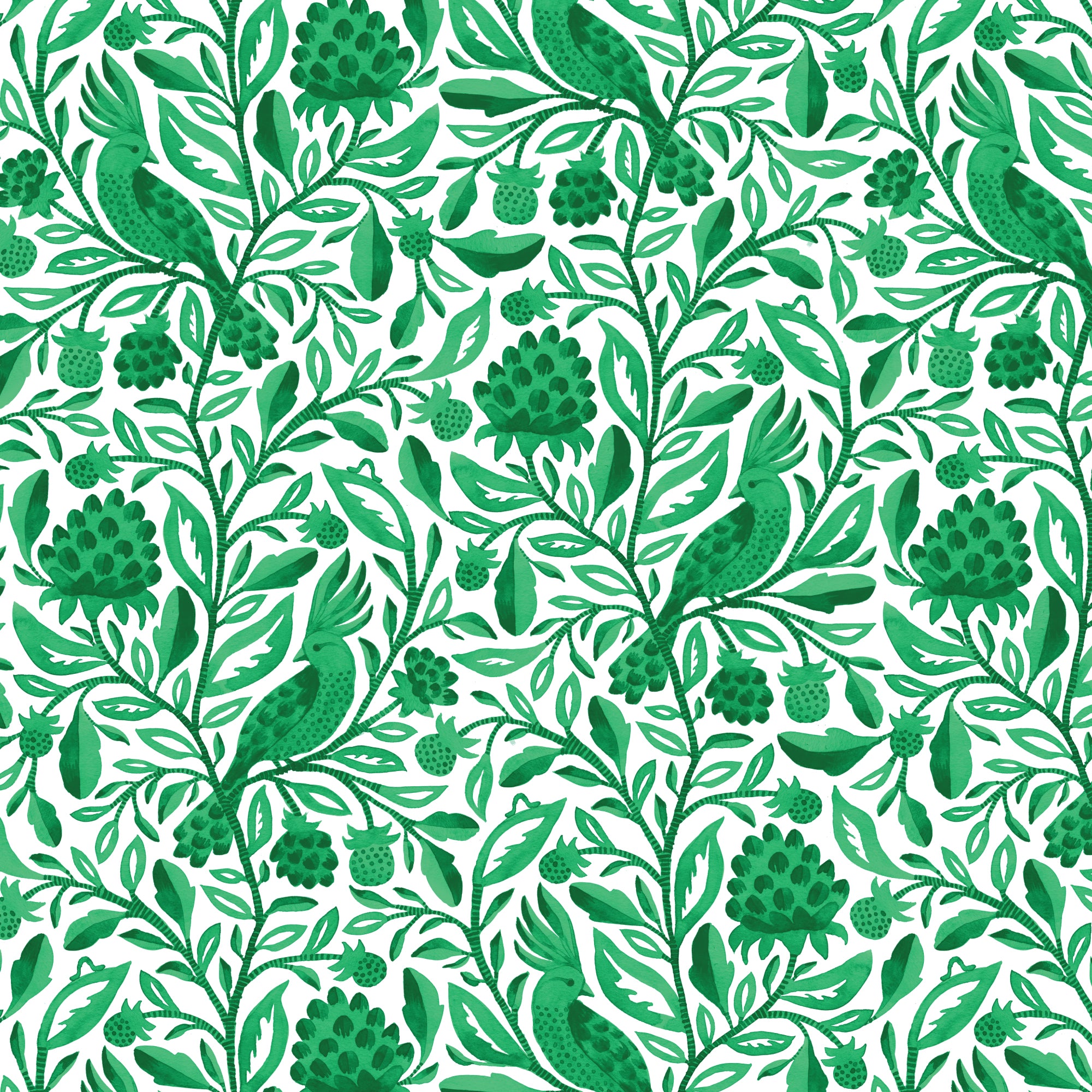 Green Esmralda Birds and Branches Cotton 44/45 Fabric Per Yard