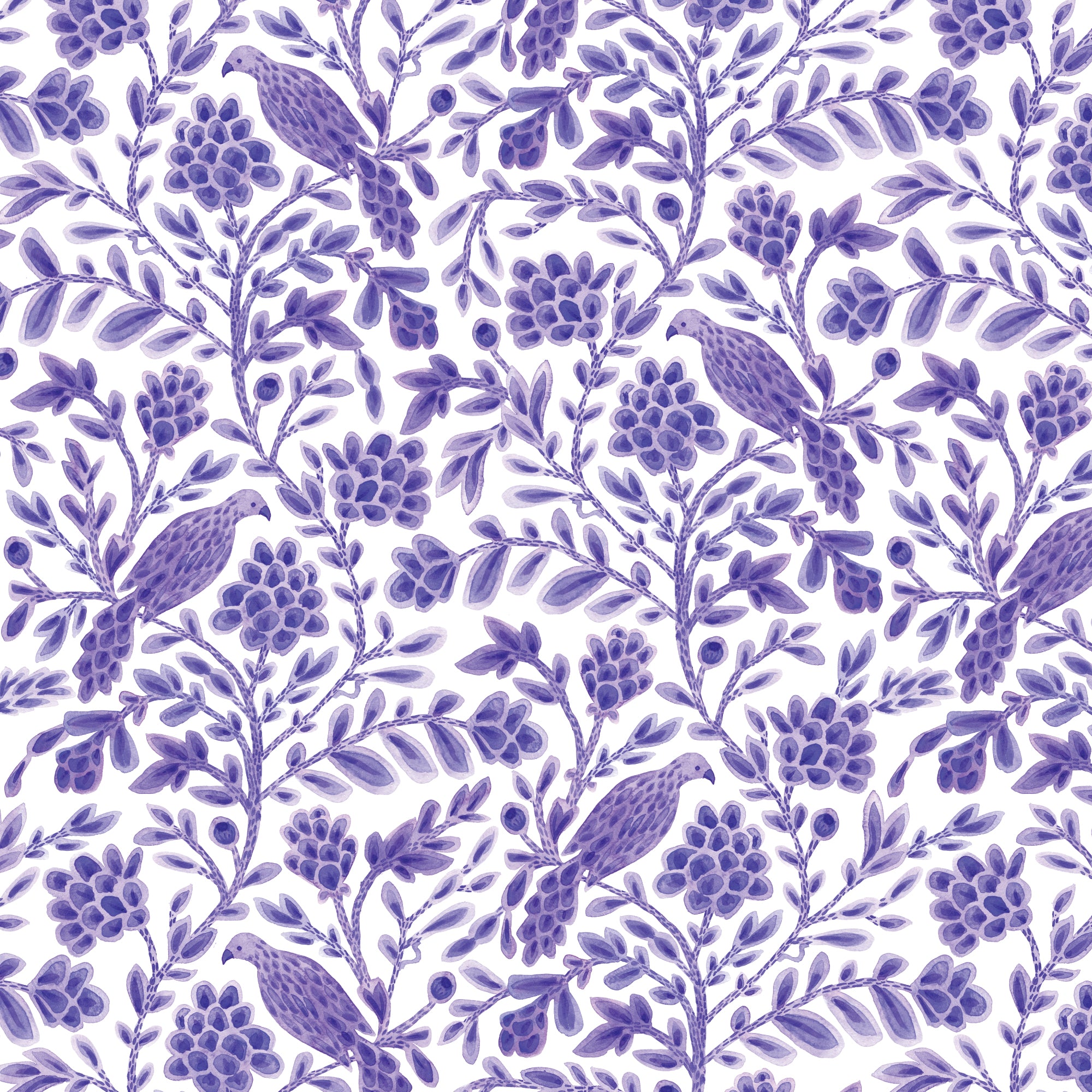 Purple Yolanda Birds and Branches Cotton 44/45 Fabric Per Yard
