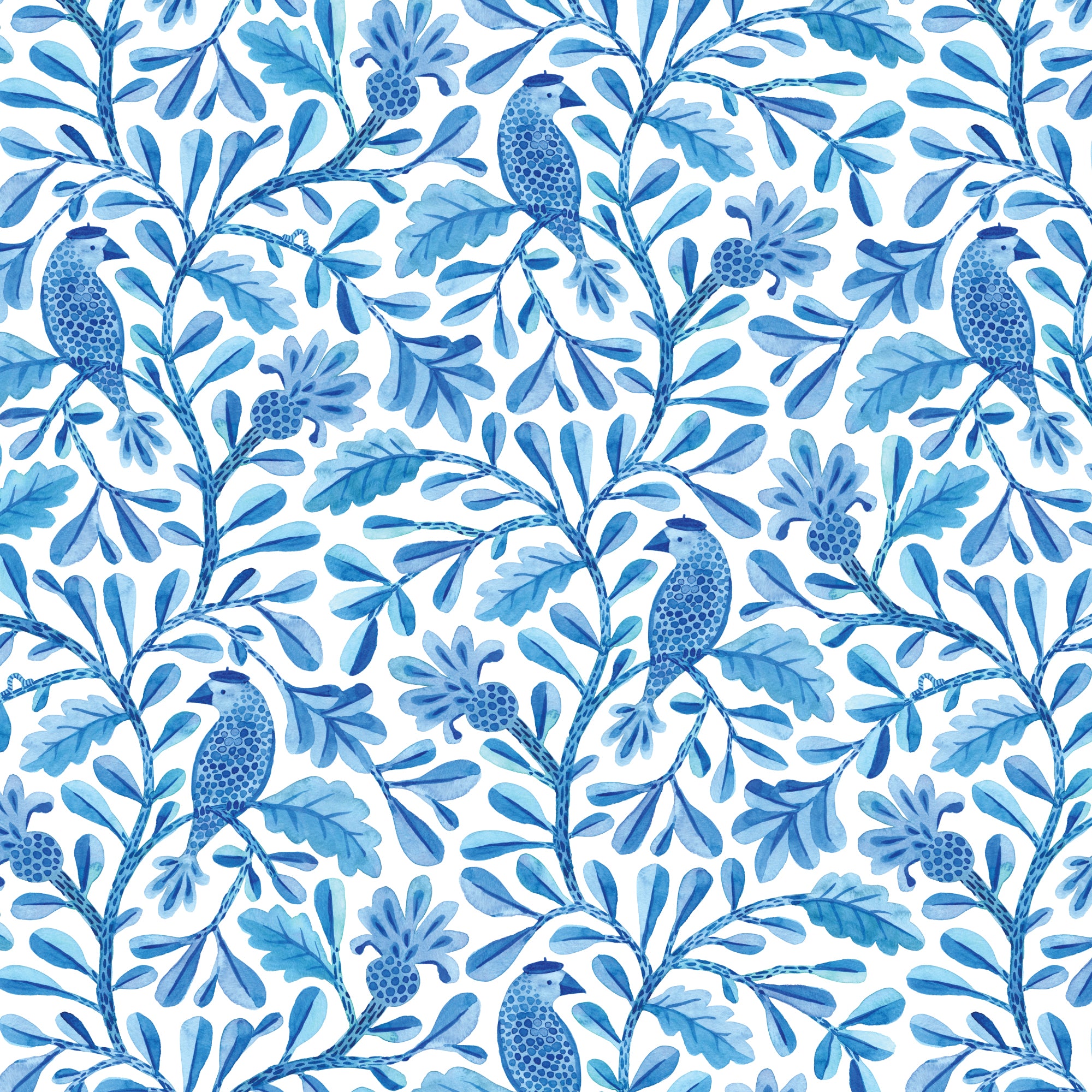Blue Henri Birds and Branches Cotton 44/45 Fabric Per Yard
