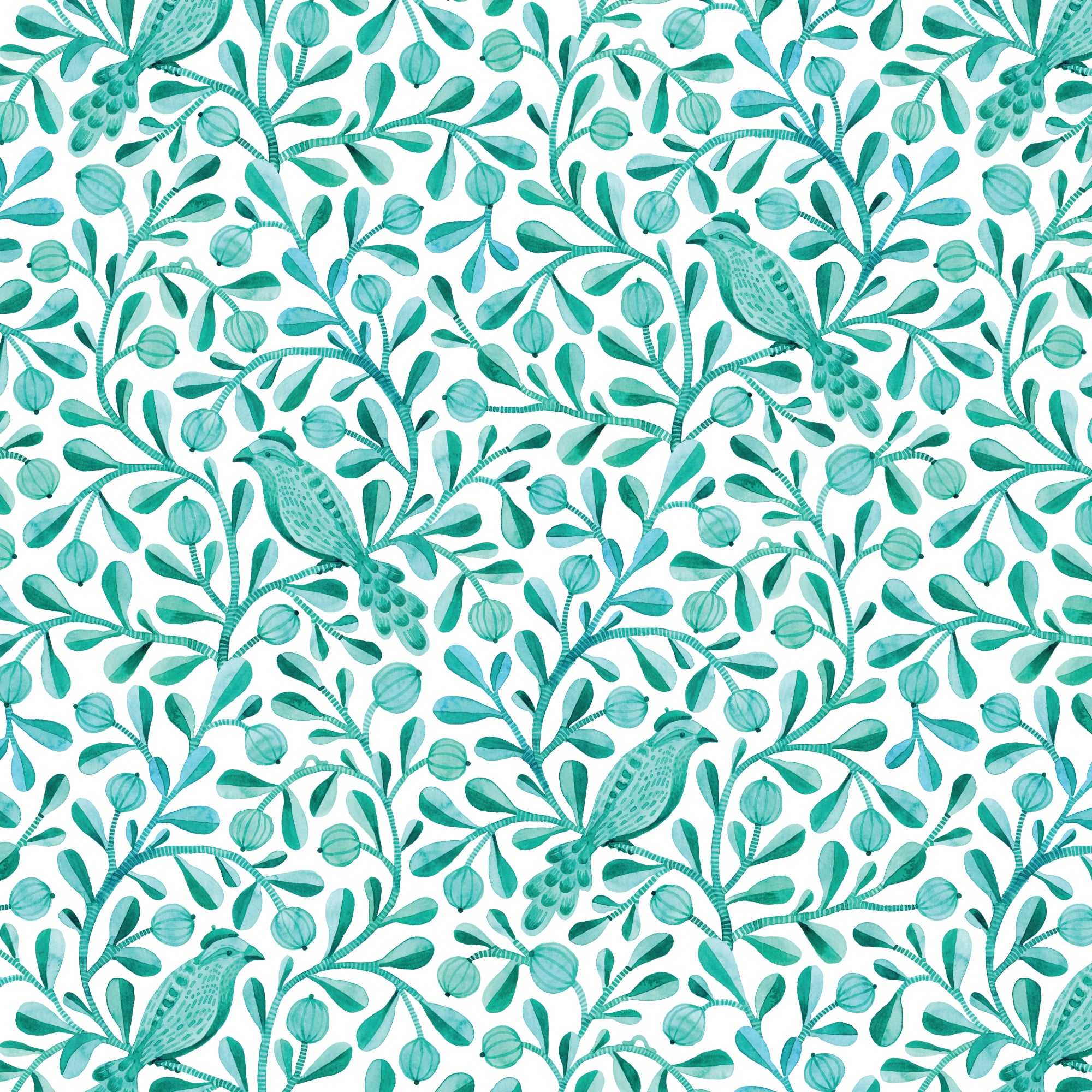 Turquoise Felipe Birds and Branches Cotton 44/45 Fabric Per Yard