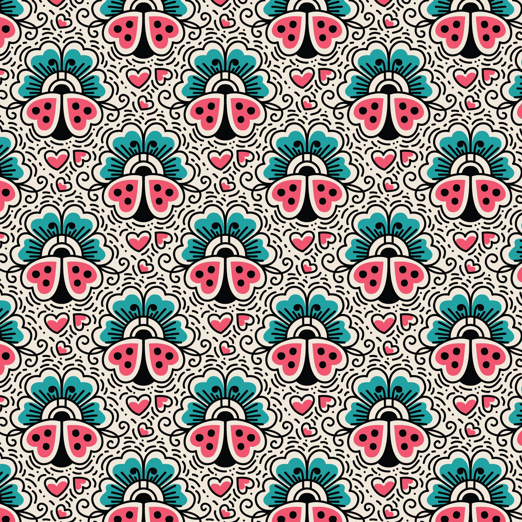 Ladybugs and Flowers Love Ink 3387 Cotton 44”/45” Fabric Per Yard