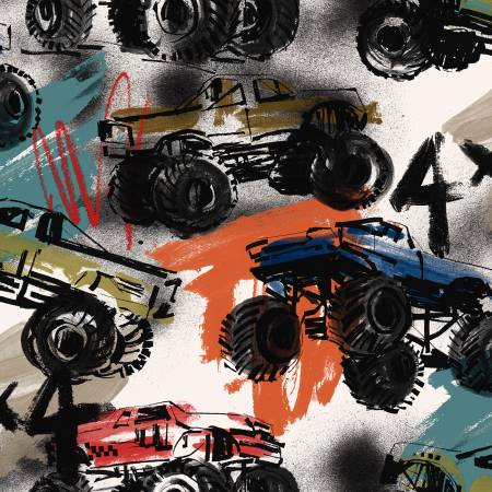 3 Wishes Mash The Throttle White Full Throttle quilting fabric — monster trucks on white