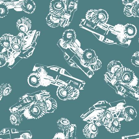3 Wishes Mash The Throttle Turquoise Monster Truck Outline quilting fabric