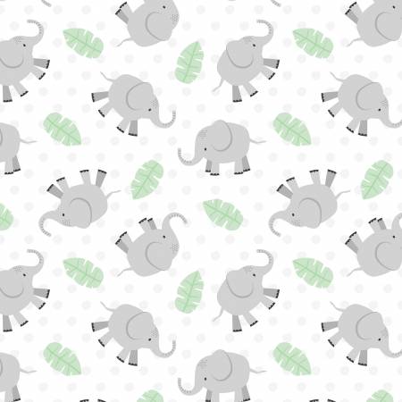 Wilmington Hello Sunbeam White Elephant Toss quilting fabric — playful elephants on white