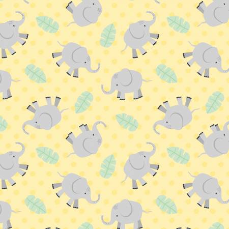 Wilmington Hello Sunbeam Yellow Elephant Toss quilting fabric — playful elephants on yellow