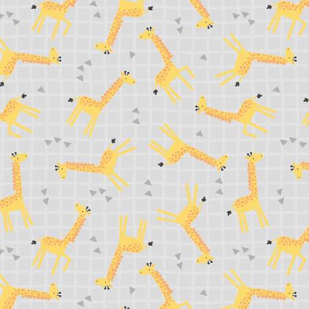 Wilmington Hello Sunbeam Grey Giraffe quilting fabric — gentle giraffes on grey