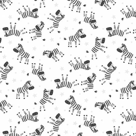 Wilmington Hello Sunbeam White Zebra quilting fabric — gentle zebras on white