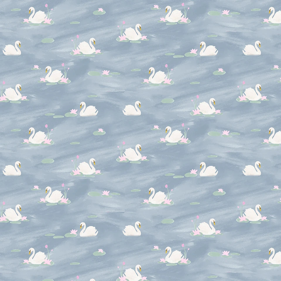Enchanting Swan Lake Blue Cotton Flannel 44"/45" Fabric Per Yard