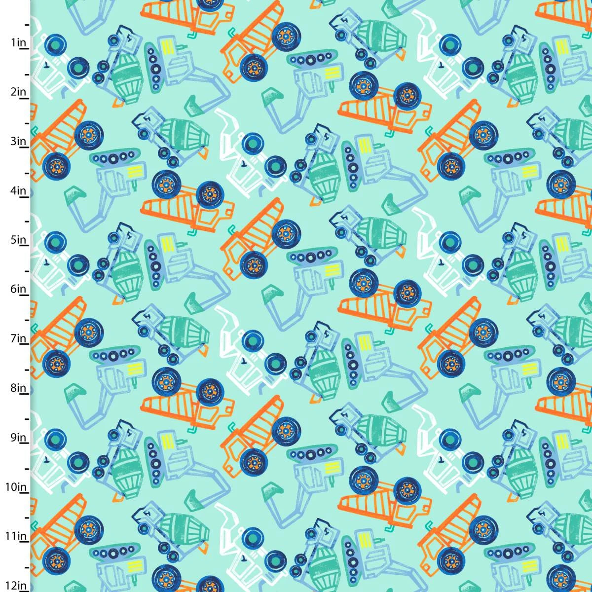 Dump, Dig & Rumble Turquoise 43"/44" Flannel Fabric Per Yard