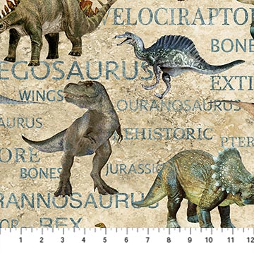 Northcott Stonehenge Prehistoric World Beige quilting fabric — dinosaur print on stone texture