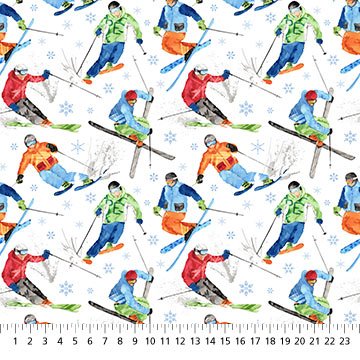 Northcott Winter Sports skiing quilting cotton fabric in White Multi