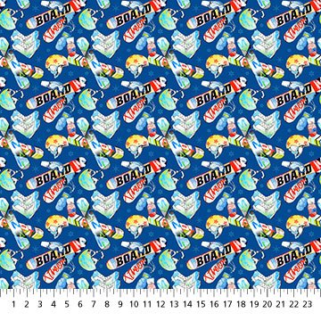 Northcott Winter Sports snowboarding equipment quilting cotton fabric in Dark Blue Multi
