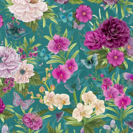 Wilmington Midnight Garden teal large floral quilting cotton fabric
