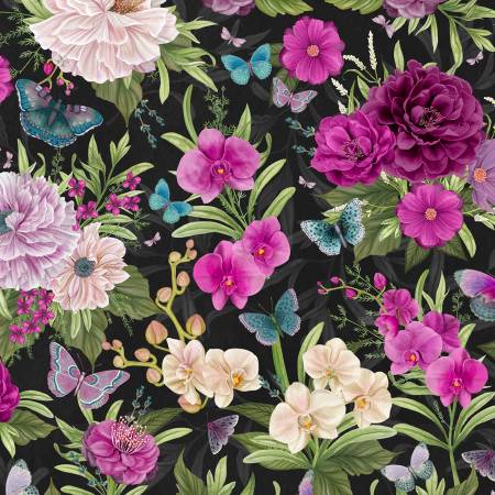 Wilmington Midnight Garden black large floral quilting cotton fabric
