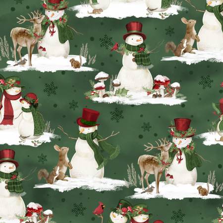 Wilmington Woodland Snowmen Green Scenic Snowmen quilting fabric